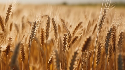 Wheat field. Ears of golden wheat close up. Beautiful Nature Sunset Landscape. Rural Scenery under Shining Sunlight. Background of ripening ears of meadow wheat field. Rich harvest Concept