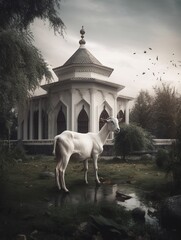 A  white goat with water, rock, meadow, tree, and white mosque building. Dramatic skies view. Eid al. Adha celebrate day. Best quality generative ai