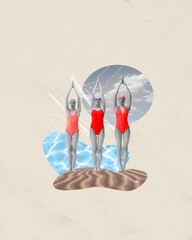 Three young girls in swimsuits standing on warm sand, beach, preparing to swim. Pastel background....