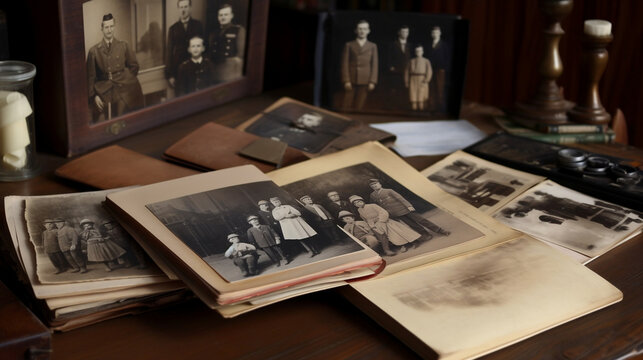 Family tree concept, dna, genes, ancestors. An album with old photographs lies on the table, top view, AI generated