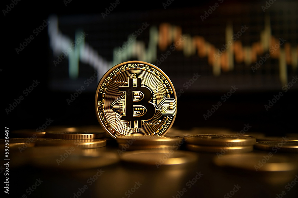 Poster bitcoin gold coin and stock market graph. created with generative ai