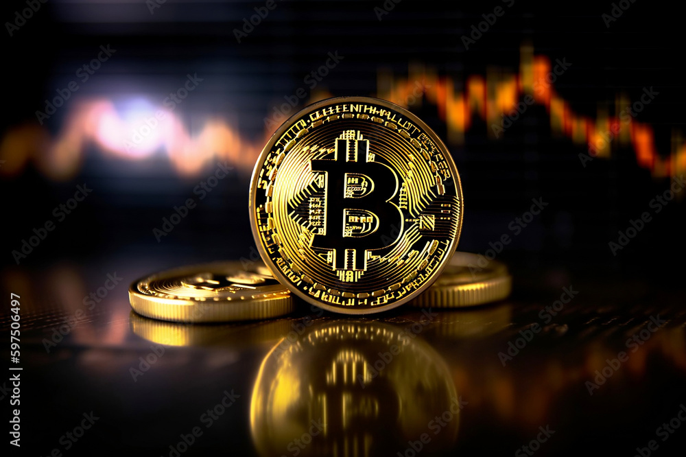 Poster bitcoin gold coin and stock market graph. created with generative ai