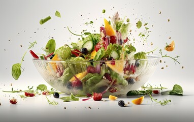 Salad with ingredients and food pieces floating in the air on white background Generative AI