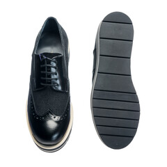 women's leather boots on a high platform, blue classic shoes with laces