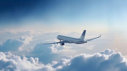 Passengers commercial airplane flying above clouds. Concept of fast travel, holidays and business.