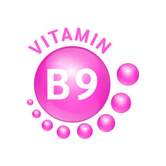 Symbol Icon Vitamin B9 pink substance . Vector Illustration 3D. realistic design, small circle around. Isolated on white background. Personal care, beauty concept. Medicine health symbol of thiamine.