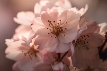 Stunning close-up photograph of cherry blossom, showcasing the beauty and fragility of the delicate petals. Created with generative A.I. technology.