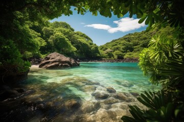 Stunning photograph of a hidden tropical lagoon nestled in a lush cove, featuring crystal clear water glistening under the bright sun. Created with generative A.I. technology.