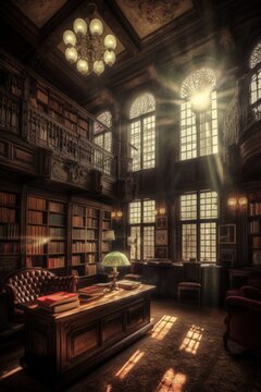 Breathtaking wide-angle photograph of the interior of an old library, capturing the cozy seating areas and the warmth of the sunbeam shining through the window. Created with generative A.I.