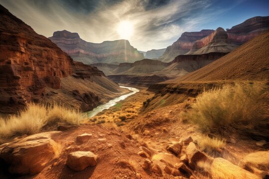 Breathtaking wide-angle photograph of the Grand Canyon, showcasing the natural wonder of the steep cliffs and rock formations carved by the River. Created with generative A.I. technology.