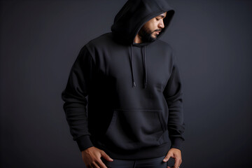 Urban portrait of a handsome hipster with a beard in a black blank hoodie with space for your logo or design.