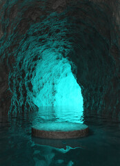 Black dark stone podium show products inside rugged rock cave  nature tunnel winding on water surface. blue-green light shone through tunnel. Display pedestal mysterious or fantasy. 3D Illustration. - obrazy, fototapety, plakaty