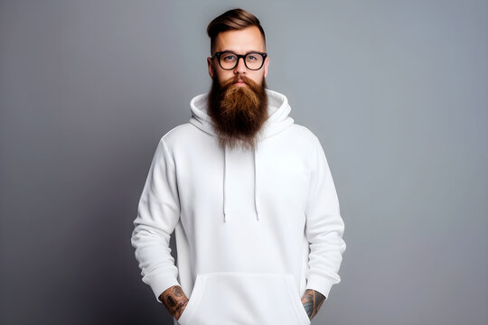 Urban portrait of a handsome hipster with a beard in a white blank hoodie with space for your logo or design.