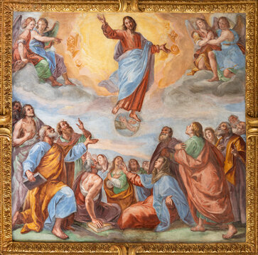 GENOVA, ITALY - MARCH 6, 2023: The fresco of Ascension of the Lord in the church Basilica della Santissima Annunziata del Vastato by  Giovanni Carlone (1590–1630).