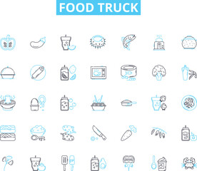 Food truck linear icons set. Tacos, Burgers, Nachos, Sandwiches, Hot dogs, Pizza, Quesadillas line vector and concept signs. Gyros,Curry,Fried rice outline illustrations