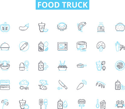 Food truck linear icons set. Tacos, Burgers, Nachos, Sandwiches, Hot dogs, Pizza, Quesadillas line vector and concept signs. Gyros,Curry,Fried rice outline illustrations