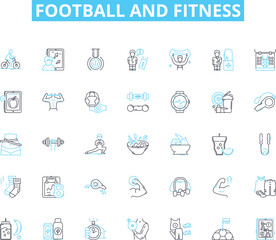 Football and fitness linear icons set. Agility, Endurance, Power, Strength, Stamina, Speed, Coordination line vector and concept signs. Flexibility,Cardio,Muscles outline illustrations