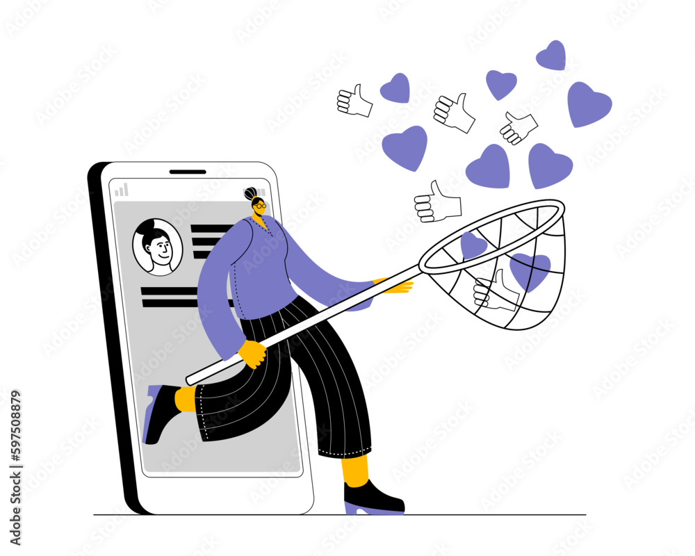 Aufkleber a blogger comes out of a smartphone with a network and catches likes and hearts. vector illustration