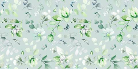 seamless floral watercolor pattern with garden pink flowers, leaves, branches. Botanical tiles, background. eucalyptus, peony, rose.