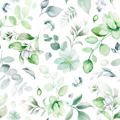 seamless floral watercolor pattern with garden pink flowers, leaves, branches. Botanical tiles, background. eucalyptus, peony, rose.