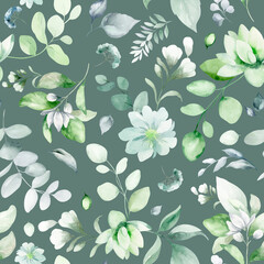 seamless floral watercolor pattern with garden pink flowers, leaves, branches. Botanical tiles, background. eucalyptus, peony, rose.