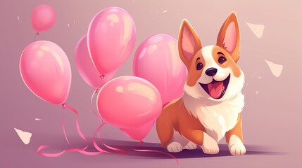 Cartoon corgi dog on a pink background with pink balloons. Congratulations on the holiday. AI generation