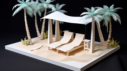 paper craft illustration of summer beach with beach bed , Generative Ai