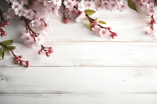 Blossoming Spring Fruits and Flowers Arrangement on Wooden Table Background. created with Generative AI