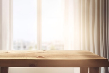Minimalist Wooden Table in front of Blurred Window with Curtain. created with Generative AI