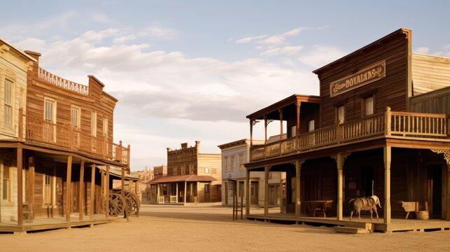 Western town with saloons, cowboys, and outlaws