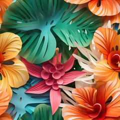 paper craft illustration seamless pattern of tropical leaves , Generative Ai