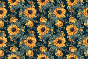 Fototapeta na wymiar seamless tile sunflowers pattern, 6 seamless tiles background, repetitive seamless flowers, summer, orange and green. Generative AI