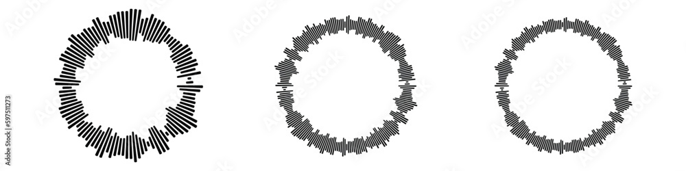 Poster circle audio waves set. circular music sound graphic design collection. round sound and radial radio