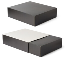 set of black carton box with white cover, mockup template of cardboard packages isolated