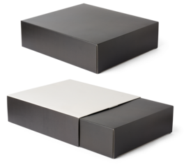 set of black carton box with white cover, mockup template of cardboard packages isolated