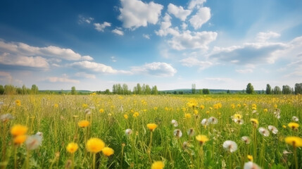 Fototapeta premium Beautiful dandelion field. Illustration AI Generative