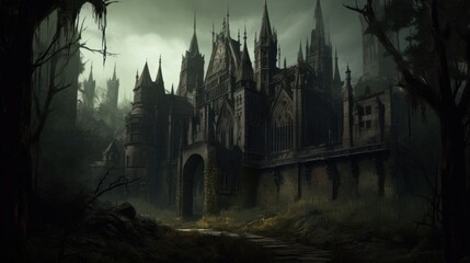 Obraz premium Gothic horror world with dark castle, crypts, and haunted forests