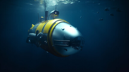 Fototapeta na wymiar Deep ocean submarine researching sea. Diving to discovery, exploring deep water seascape. Underwater tourism station. Ocean transport, vehicle. Ai generated cinematic concept art