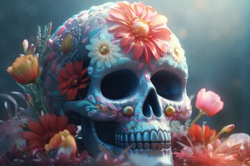 Sugar skull with colorful flowers. Dia de los muertos. Day of The Dead. Digital 3D illustration. Holiday Party Decoration Banner Invitation. Traditional Mexican culture festival . AI generative