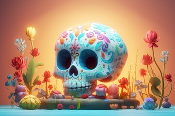 Sugar skull with colorful flowers. Dia de los muertos. Day of The Dead. Digital 3D illustration. Holiday Party Decoration Banner Invitation. Traditional Mexican culture festival . AI generative