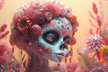 Sugar Skull cartoon portrait. Dia de los muertos. Day of The Dead. Digital 3D illustration. Holiday Party Decoration Banner Invitation. Traditional Mexican culture festival . AI generative