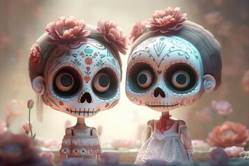 Obraz premium Sugar Skull cartoon family portrait. Dia de los muertos. Day of The Dead. Digital 3D illustration. Holiday Party Decoration Banner Invitation. Traditional Mexican culture festival . AI generative