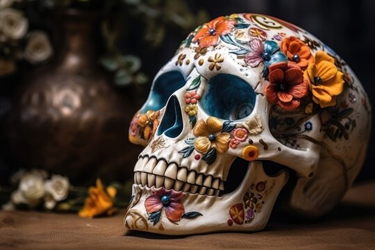 Day Of Dead Traditional Mexican Halloween Dia De Los Muertos Holiday Party. Decorated  painted  colorful skulls,  death symbol. AI generative