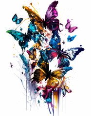 Beautiful abstraction from bright butterflies on a white background
