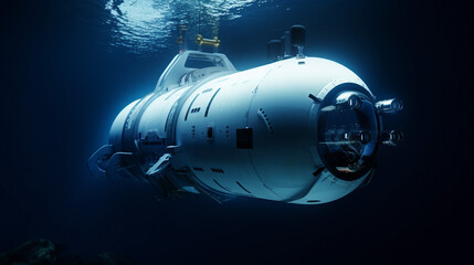 Deep ocean submarine researching sea. Diving to discovery, exploring deep water seascape. Underwater tourism station. Ocean transport, vehicle. Ai generated cinematic concept art