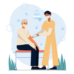 Vaccination concept. Nurse wearing mask gives shot in arm to boost immunity to patient vector