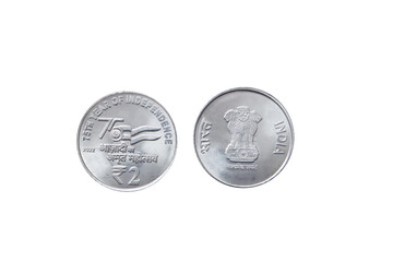 Indian 2 rupee coin celebrating 75 years of Independence
