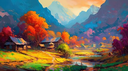 Fototapeta na wymiar illustration of rural countryside hill village with panorama nature landscape, Generative Ai