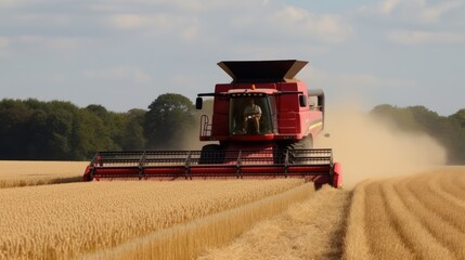 Combine harvester driving through a beautiful rye field. Generative AI