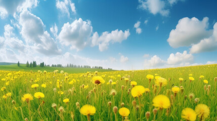 Beautiful dandelion field. Illustration AI Generative